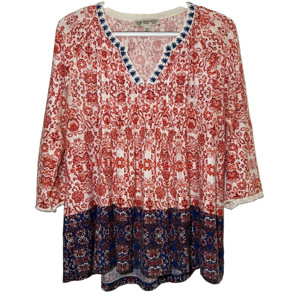Vintage America Blues Boho Peasant Top M Red Blue Floral 3/4 Sleeve Cotton Modal